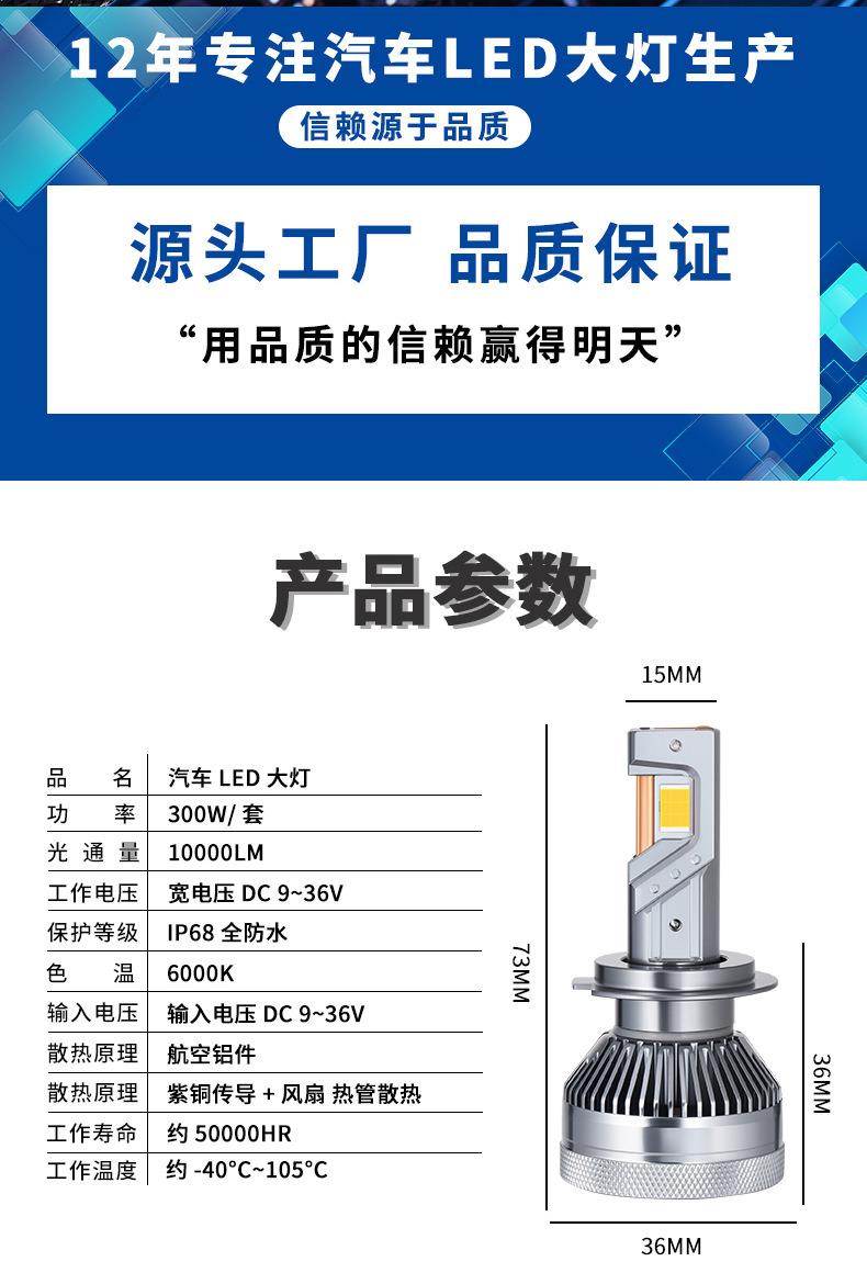 Cross-border special for three copper tube heat dissipation LED car headlights Y37 high-power 300W high-brightness spotlight waterproof headlights