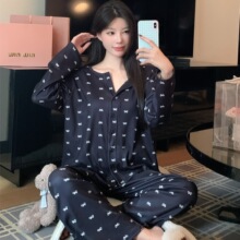 黑色显瘦印花德绒长袖开衫V领长袖家居服套装秋冬季新款女生睡衣