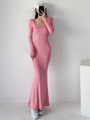 2023秋季新款性感套頭長袖圓領純色包臀一步裙連衣裙長裙批發