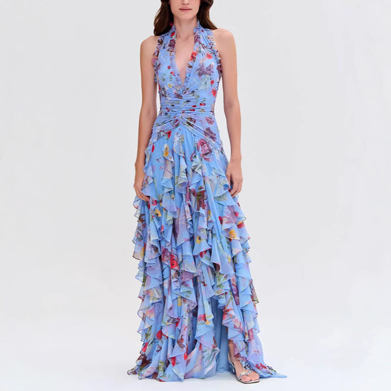 2025 New European and American French Women's Sweet Printed Long Skirt Cake Skirt Strap Multi-Layer Dress Evening Dress