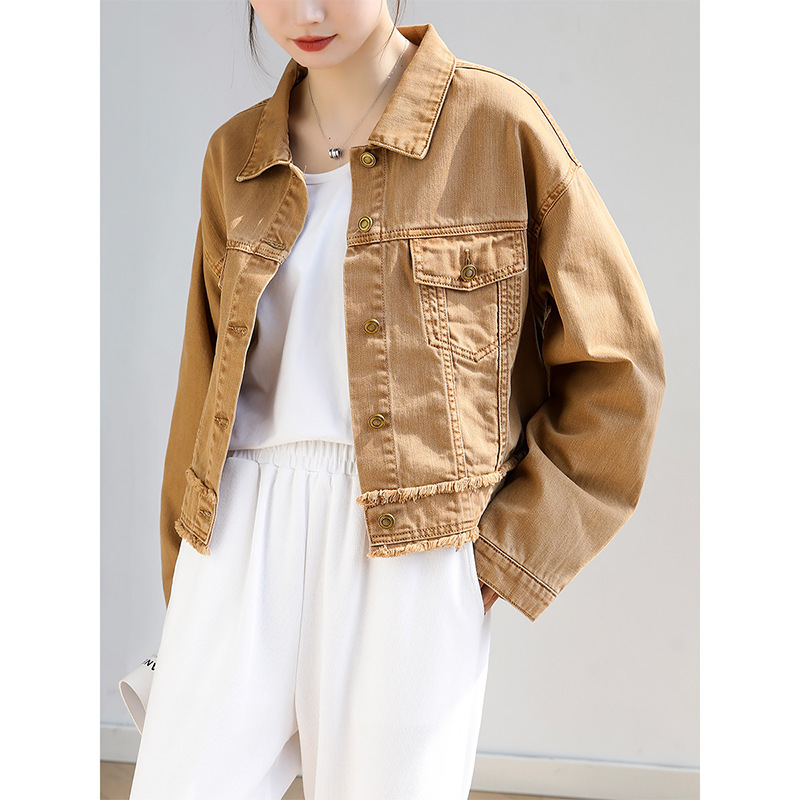 Warm Brown Loose Long-Sleeved Shirt Women's Lapel Maillard Retro Classic Workwear Style Denim Jacket