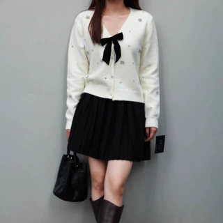 外贸跨境女装厂家 V领开衫蝴蝶结钉珠针织衫外套批发学院风女上衣