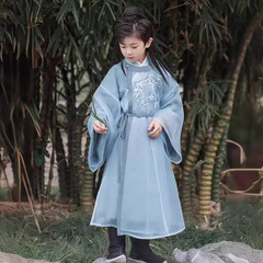 新商品子供漢服2024春秋男童服長シャツ南山聴竹中国風オリジナル丸首長衣古着