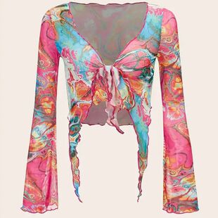 South Korea's 2025 New Summer Bikini Blouse Women's Split Long-Sleeved Slimming Look High-End Student Hot Spring Sexy Blouse