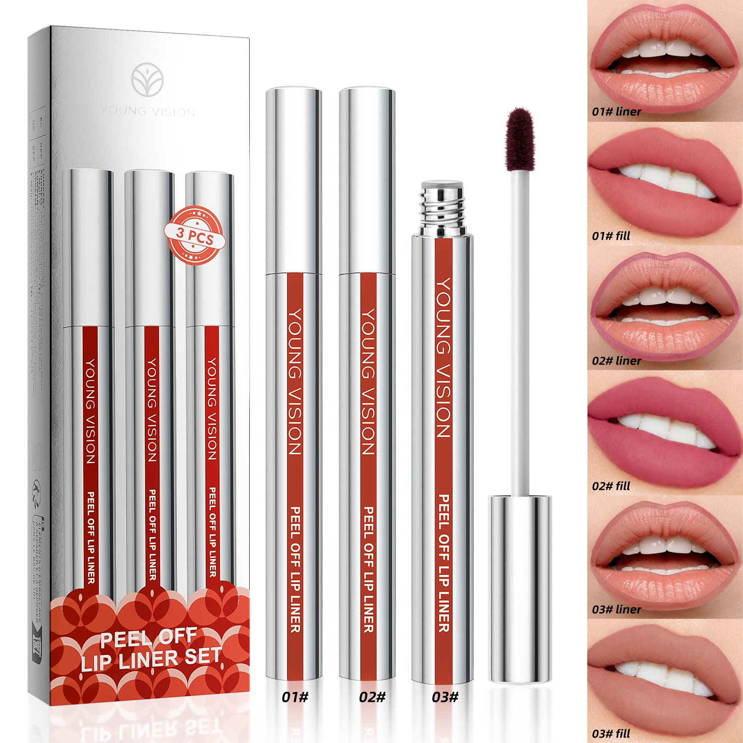 Young Vision 3-Pack Peel-Off Lip Liner, Matte Finish, Smudge-Proof Lip Liner