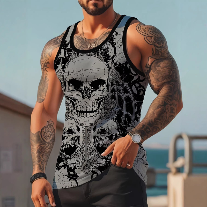 2026 Cross-Border Summer Beach Vacation Men's Vest Skull Print Fitness Workout Casual Style Men's Vest