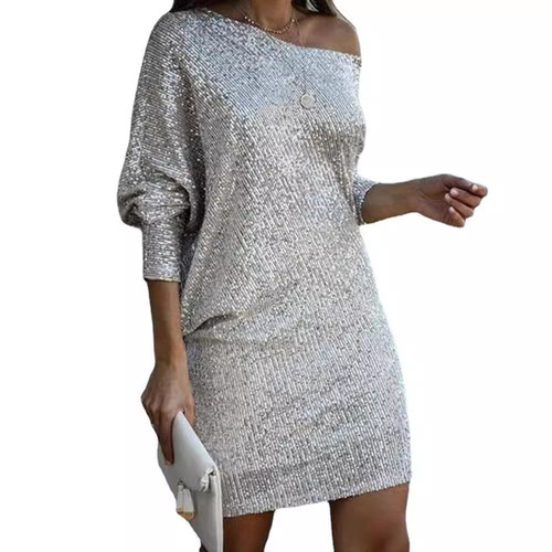 2025 Spring New Model Cross-border Foreign Trade Women's Simple Fashion V-neck Middle Skirt Oblique Shoulder Beaded Dress Gown