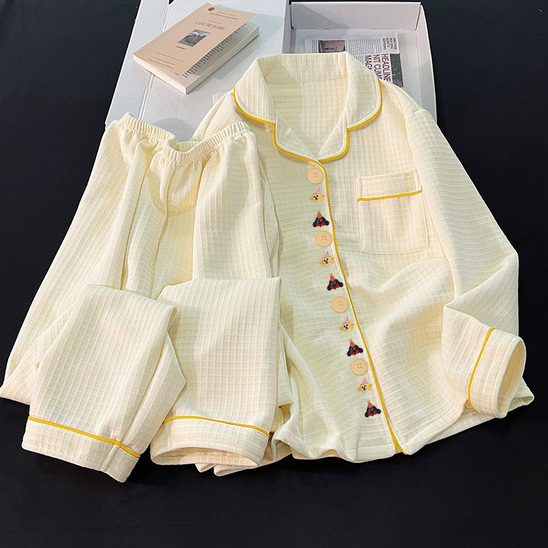 Korean Cartoon Waffle Grid Ins Style Air Cotton Autumn and Winter Warm Pajamas Women's Home Wear Set Wholesale