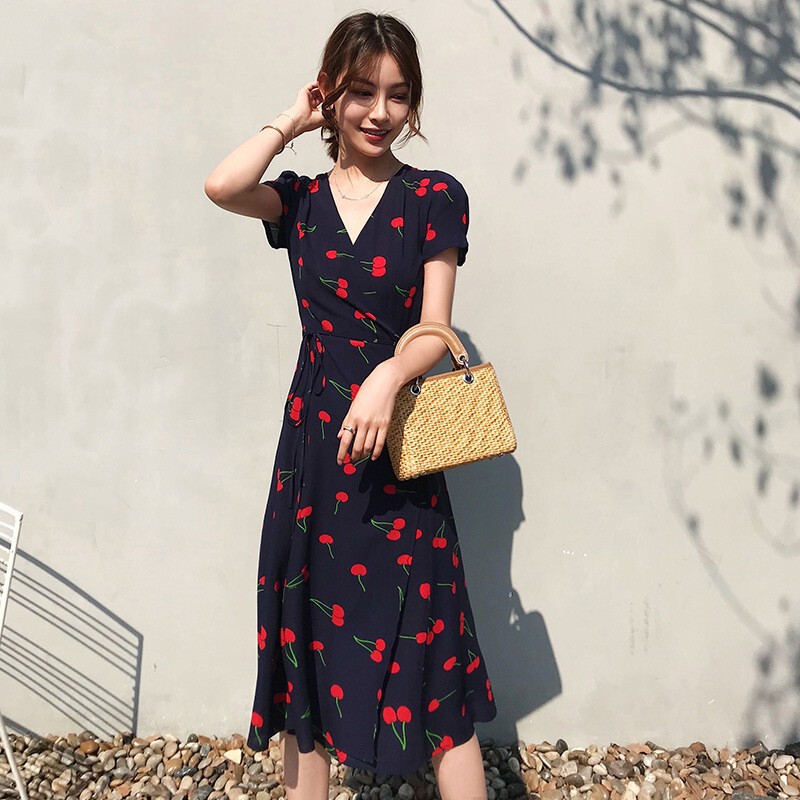 Bubble Gauze French Dress, New Summer Style for Women, Cherry Short-Sleeve Wrap V-Neck Tie Slim-Fit Gauze Dress, Summer Waist-Cinching Bubble Gauze French Dress, New Summer Style for Women, Cherry Short-Sleeve Wrap V-Neck Tie Slim-Fit Gauze Dress, Summer Waist-Cinching