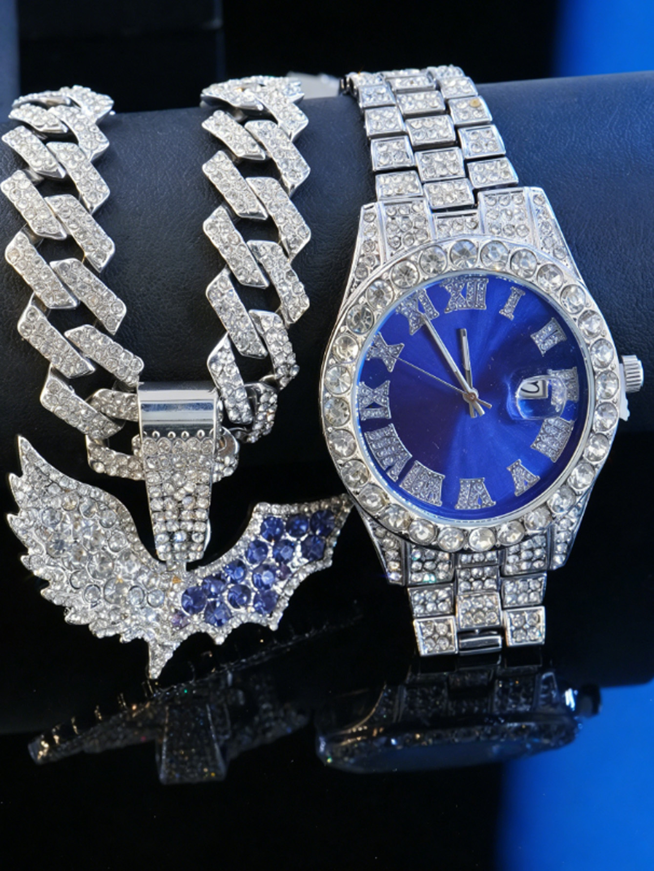 HipHop completo murciélago de diamantes de dos colores colgante de diamantes cubano cadena azul número romano reloj pulsera para hombres y mujeres