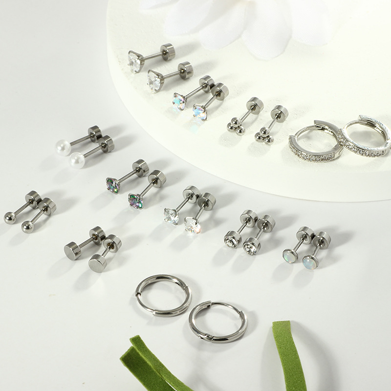 12 Pairs Stainless Steel Casual Zircon Stud Earrings Set Round Earrings for Women Men detail image 8