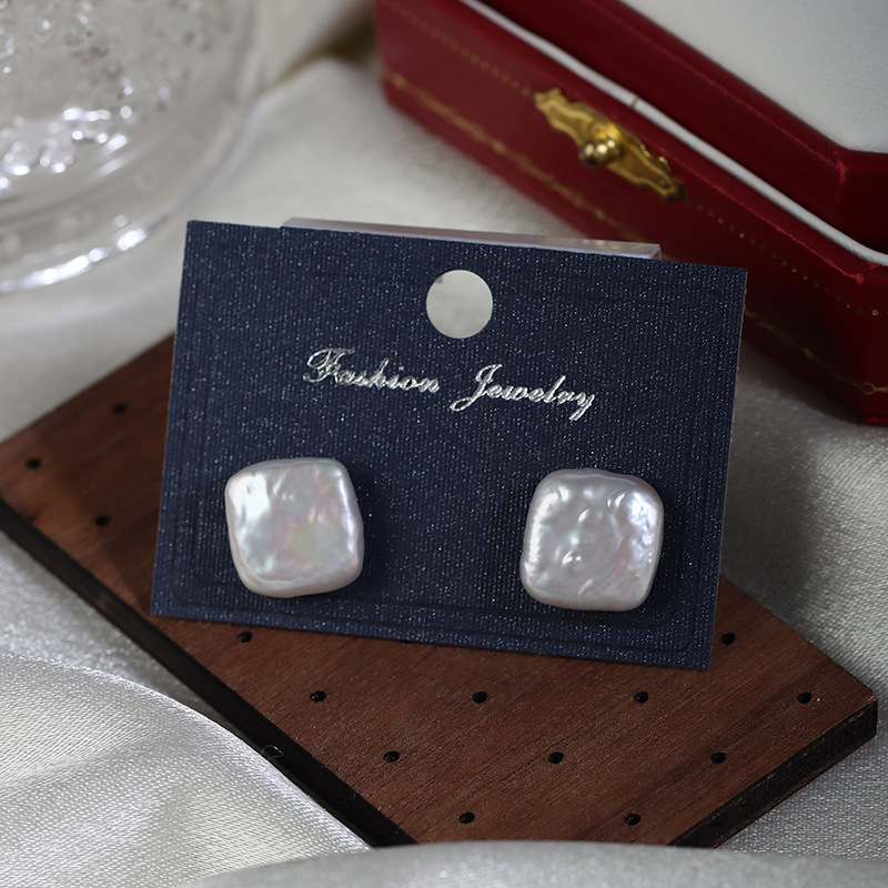 原創巴洛克方形天然淡水珍珠耳飾簡約氣質S925銀針設計批發