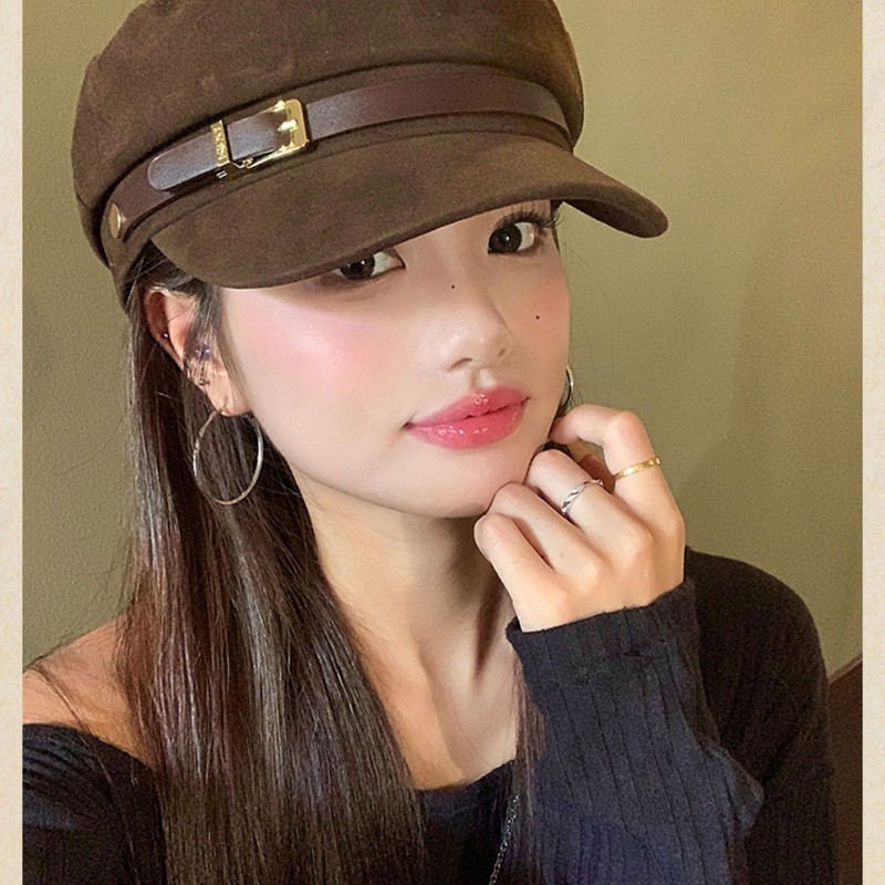 英伦风皮带扣平顶贝雷帽女时尚文艺复古百搭大头围显脸小画家帽子|undefined