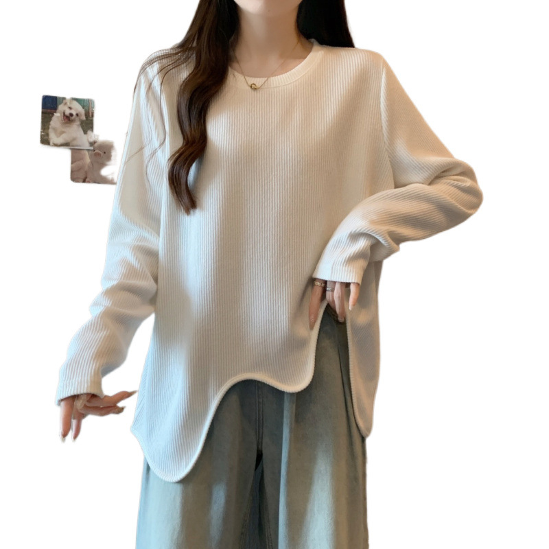 플러스 사이즈 핏 스레드 불규칙한 긴팔 티셔츠 여성용 가을과 겨울 새로운 여성 루스 탑