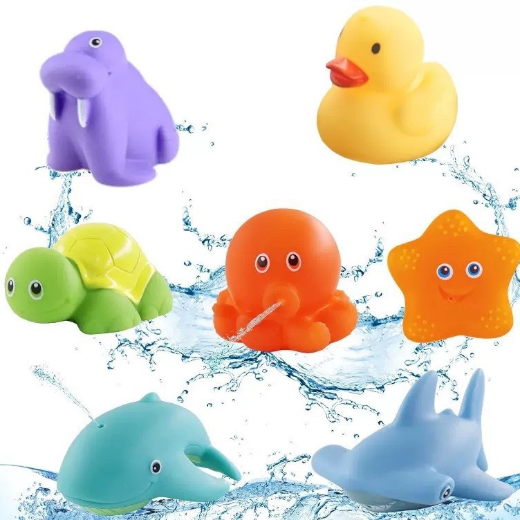 跨境宝宝洗澡玩具乌龟喷水网捞鱼鲨鱼儿童动物捏捏乐漂浮戏水玩具