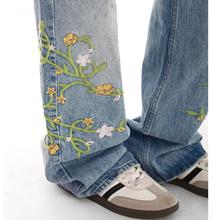 花卉刺绣牛仔裤男女直筒宽松阔腿美式高街裤子潮牌痞帅设计感长裤