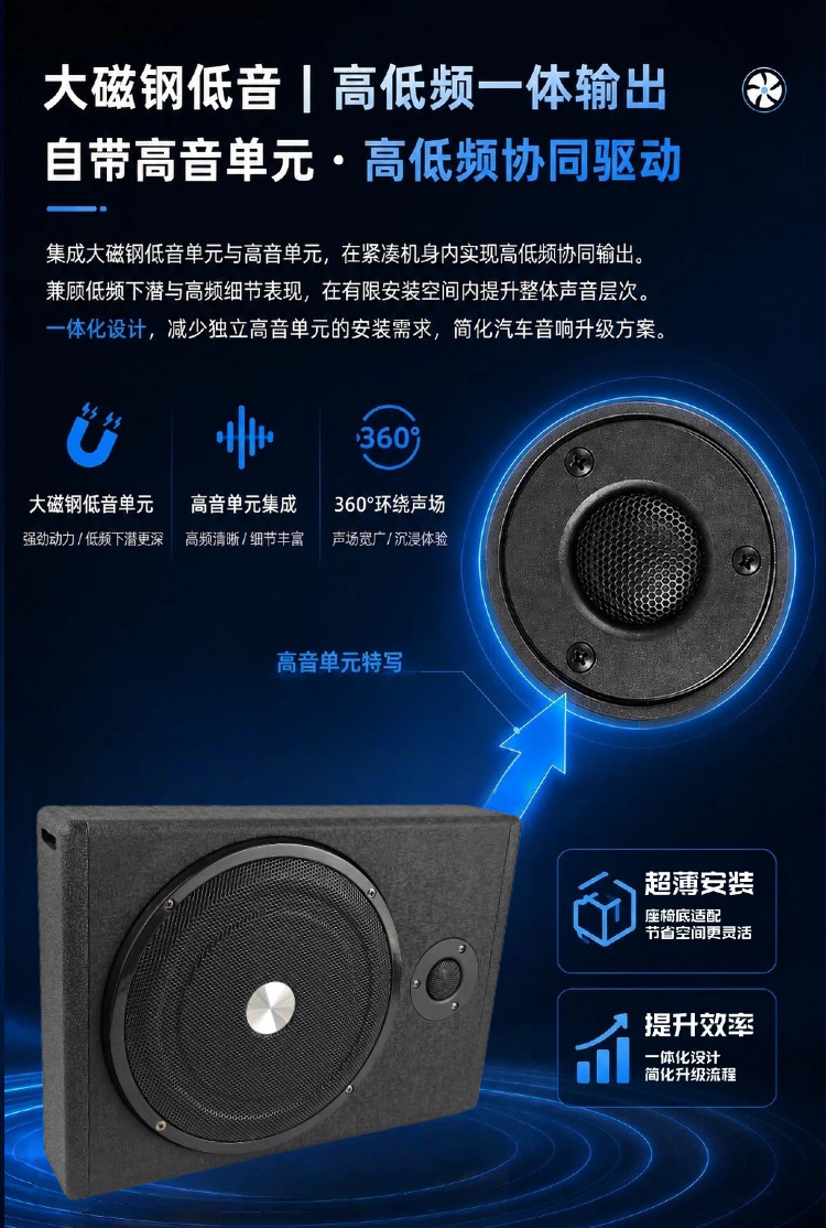 8/ 10inch Car-Mounted Ultra-Thin Subwoofer Wooden Box with Active Bass, Under-Seat Installation, with Tweeter, Bluetooth, Custom-Made, Direct Supply from Factory