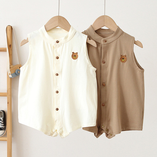 ins children's clothing 2024 summer children's jumpsuit Korean version western style sleeveless round neck cartoon 0-3 years old baby pants