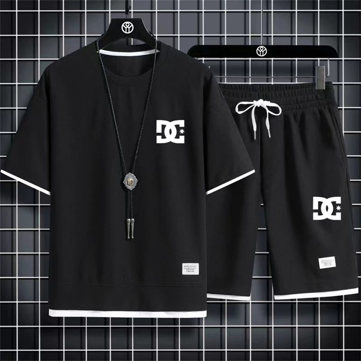 Мужской костюм-шорты с короткими рукавами Waffle, летний повседневный спортивный костюм, костюм-толстовка, мужской костюм из двух предметов, трансграничный костюм