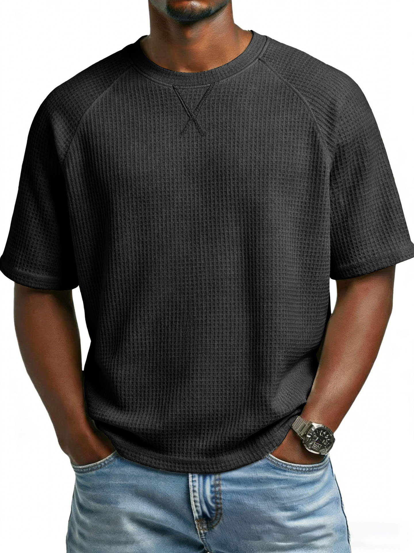 Europa y los Estados Unidos primavera y verano estación independiente transfronteriza hombre waffle de punto de manga de hombro cuello redondo TK manga corta camiseta de comercio exterior de hombre