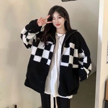 羊羔绒外套女棋盘格拉链宽松小众设计感秋冬新款外套女衣服棉袄潮