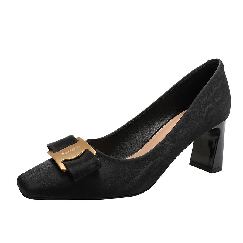 Black high heels thick heels without tiring feet temperament celebrity 2025 new spring and autumn women's shoes square toe French shallow mouth single shoes