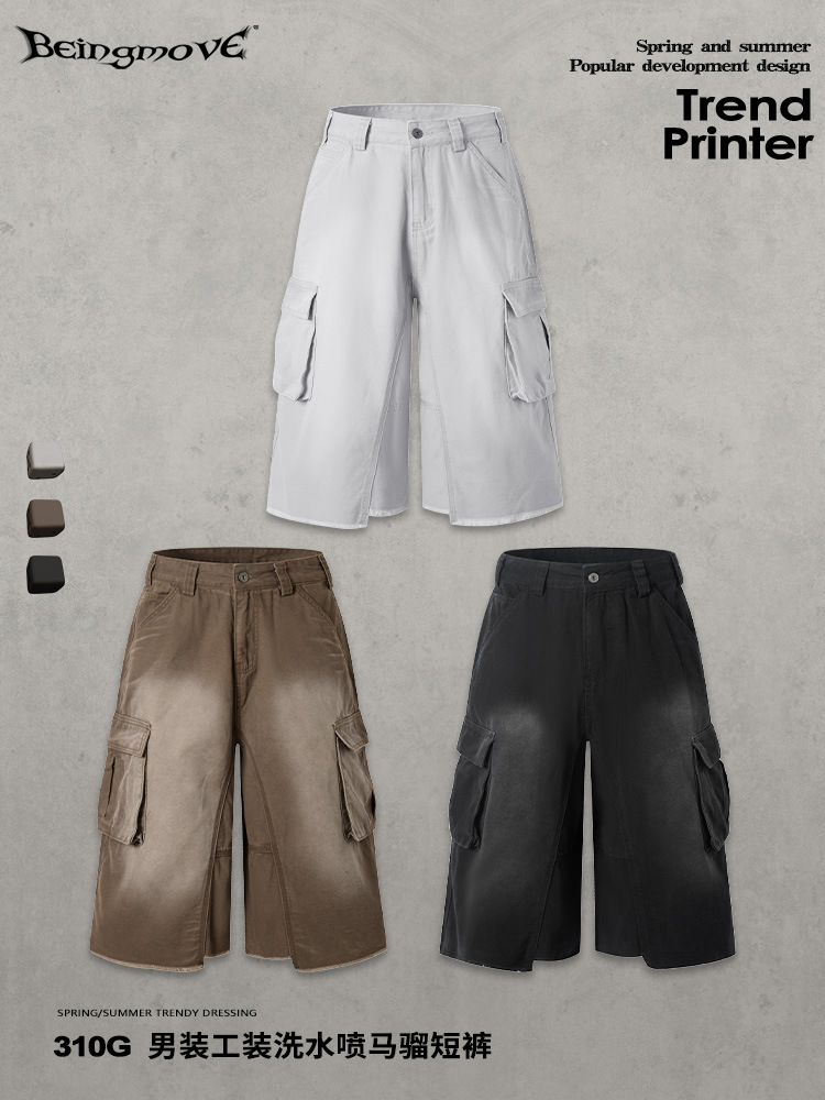 Calle secada| Retro americano lavado con agua hacer viejos pantalones cortos de estilo estilo de moda sueltos al aire libre pantalones para hombres image 5