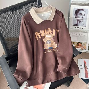 100kg Fat mm Spring New Large Size Age-Reducing Preppy Style Polo Collar Cartoon Sweatshirt Casual Top for Women 6040