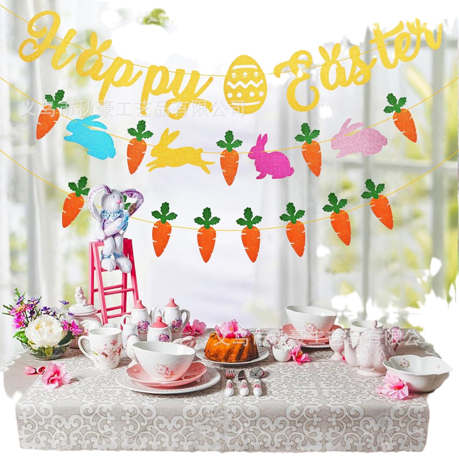 Fiesta de Pascua decoración de flores de conejo string banderas de color HAPPY EASTER letras de flores de dibujo