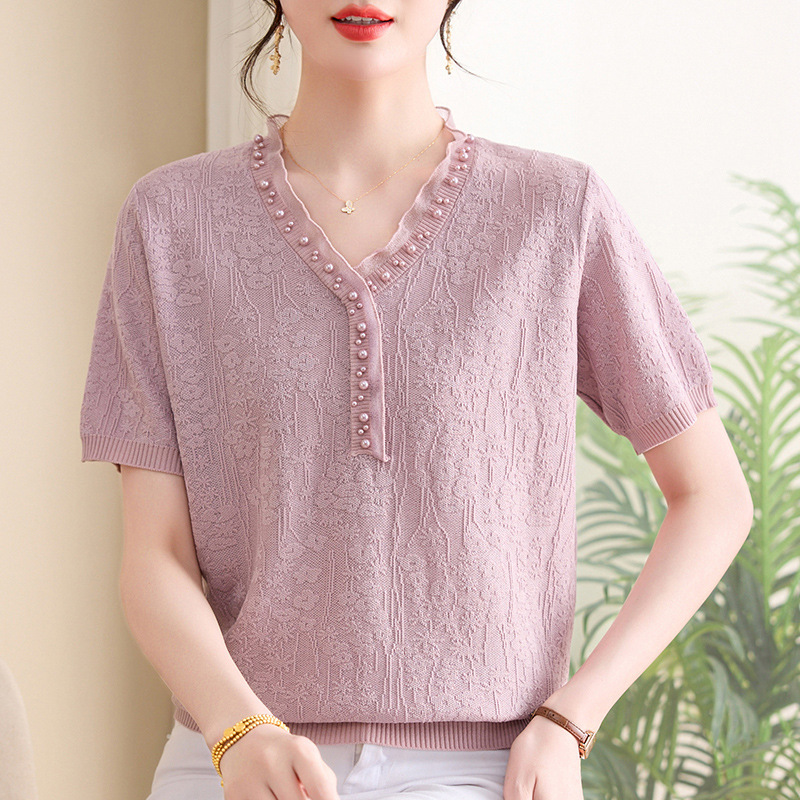 Young Mother Summer New Ice Silk Shirt Short-sleeved T-shirt Middle-aged and Elderly Women's Fashion Top Mother's Day Clothes