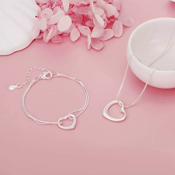 Jinrongxing Foreign Trade Cross-Border Platform Hot-Selling Premium Copper-Plated 925 Silver Jewelry Women's Heart Bracelet and Necklace Set