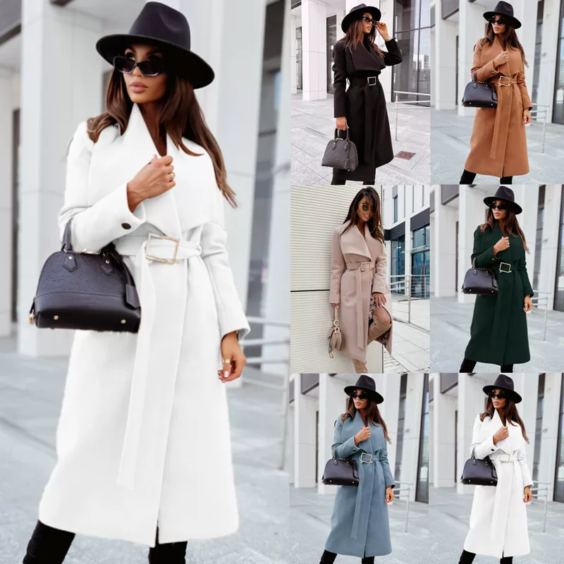 Demi-season long-sleeve, belt, woolen coat, jacket, 2022, wish, Amazon, simple and elegant design, V-neckline