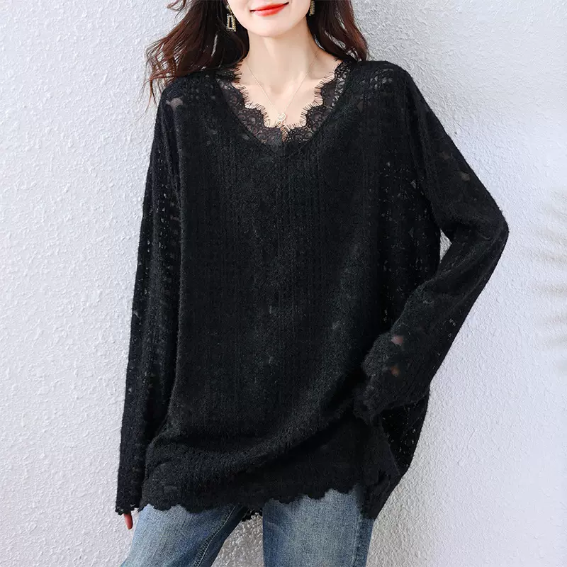 大码女装2025秋季新款高档柔软弹力中长款蕾丝衫百搭显瘦上衣女