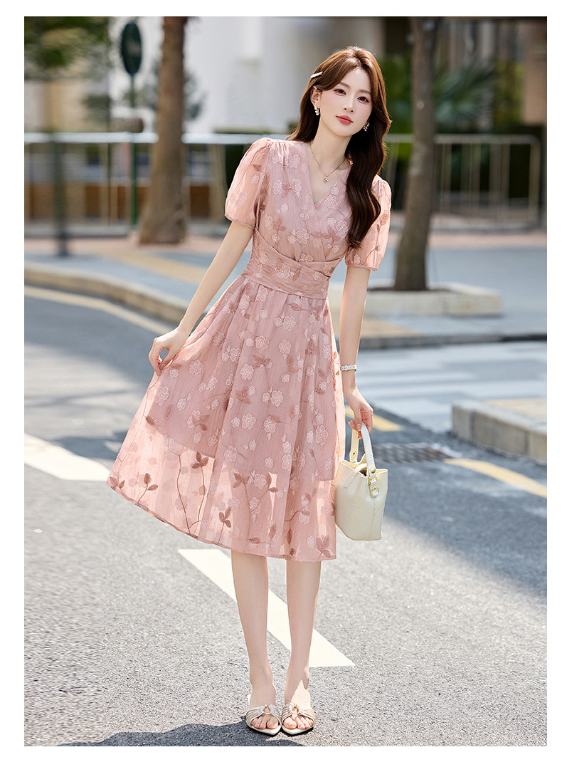 Đầm maxi nữ thắt eo tay bồng họa tiết hoa nhỏ cổ chữ V phong cách tea dress — Màu hồng, màu vàng chi tiết 18