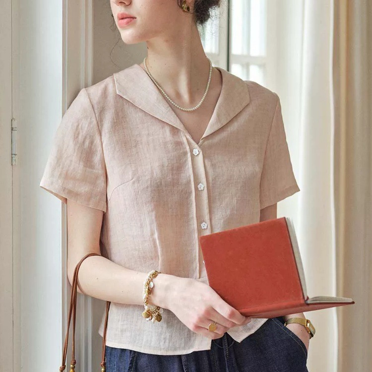 Peach and Green Plum Tencel Ramie Lapel Short-Sleeve Shirt for Women, Vintage Short Commuter Blouse, Summer Commute Retro Peach and Green Plum Tencel Ramie Lapel Short-Sleeve Shirt for Women, Vintage Short Commuter Blouse, Summer Commute Retro