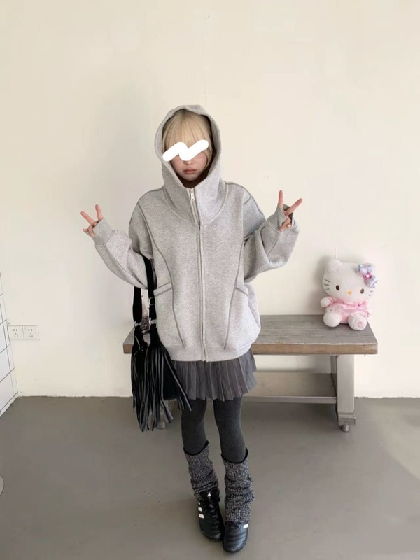 灰色卫衣外套女连帽美式大口袋上衣宽松秋冬季2025新款男女同款|undefined