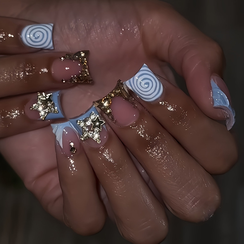 Cross-border hot blue sweet cool vortex texture burst stars flash diamond design wear nail fake nails finished wholesale
