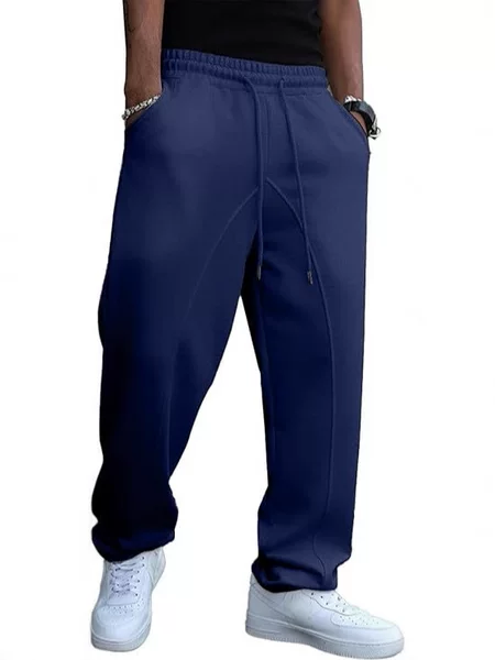 New American Size Men's Sports Sweatpants with Drawstring Elastic Waist, Three-Dimensional Lines, Loose Wide-Leg Design, and Pocket Features