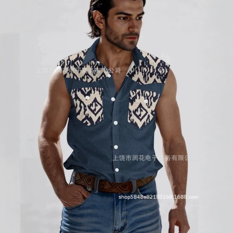 2026 Cross-Border European and American Style Aztec 3D Digital Print Sleeveless Shirt Summer Men's Casual Lapel Cardigan