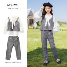 女童套装2025Q秋装新款韩版女孩时尚网红衬衫三件套儿童格子套装