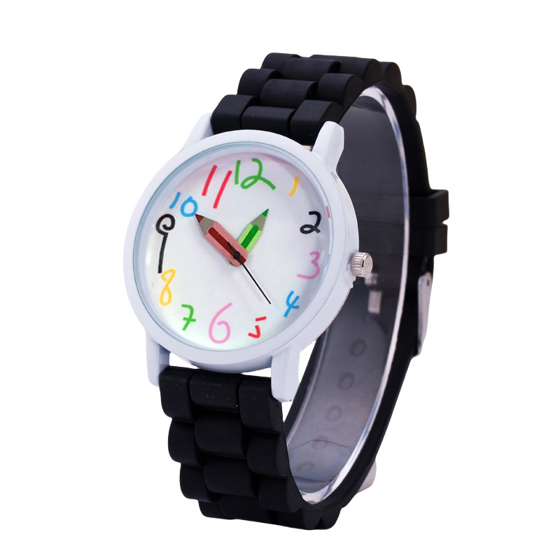 Cartoon Digital Pencil Student Women's Cute Jelly Color Silicone Band Quartz Watch_voghion.com