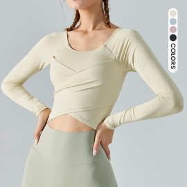 跨境瑜伽服长袖带胸垫秋冬款修身显瘦收腰运动上衣普拉提健身服女