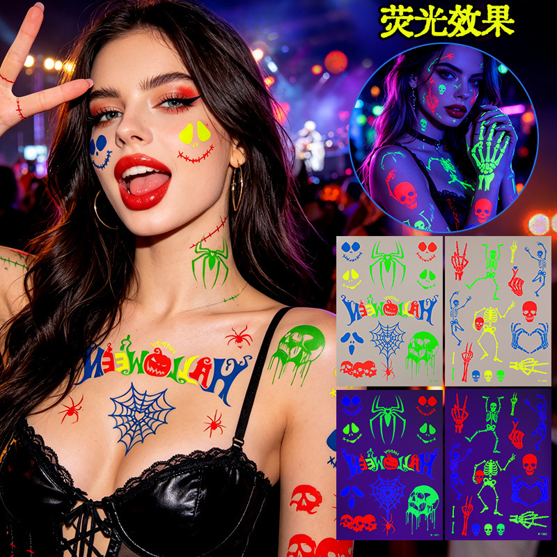 Cross-Border European and American Fluorescent Tattoo Stickers Waterproof and Long-Lasting Halloween Spider Skull Face Temporary Tattoo Stickers Tattoo Cross-Border European and American Fluorescent Tattoo Stickers Waterproof and Long-Lasting Halloween Spider Skull Face Temporary Tattoo Stickers Tattoo