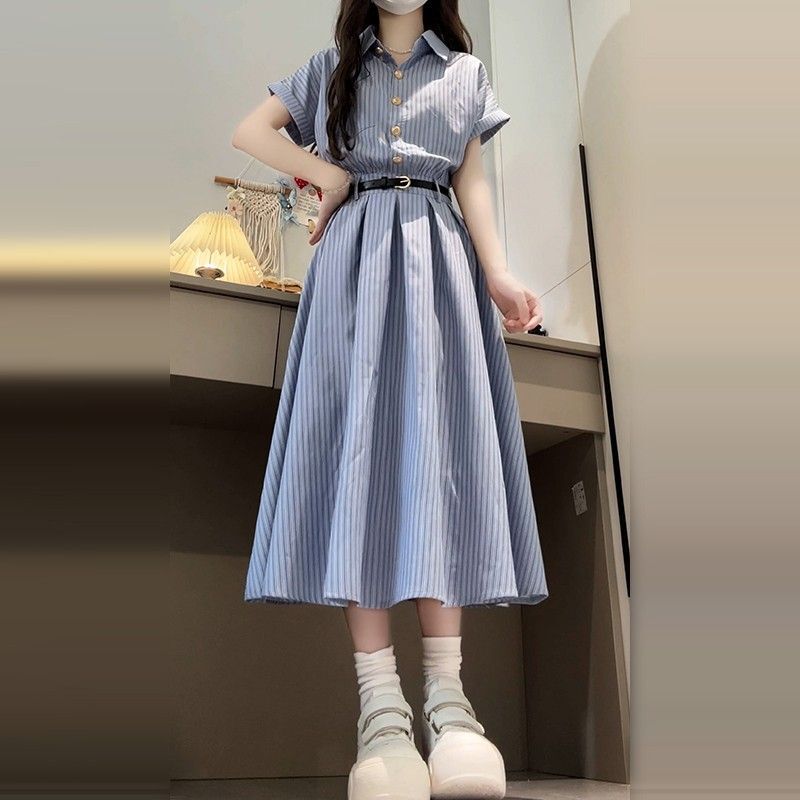 韓国カレッジスタイルシャツドレスレディースユニークで美しいピンチウエストスカート2025年夏新作ウエストロングスカート|undefined