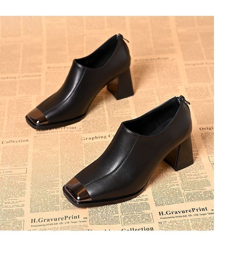 Zapatos de mujer cuadrados de cabeza profunda zapatos individuales de mujer tacones gruesos de piel suave zapatos de tacones altos de mujer no se cansan pies cruzados