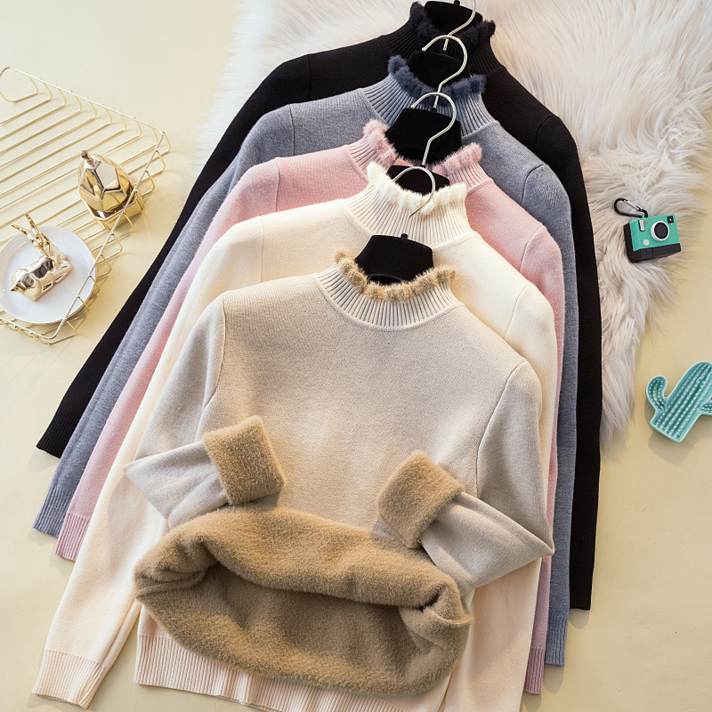 Women's Clothing Solid color large version half turtleneck plus thick warm inner wear knitted veet long sleeved pullover_voghion.com