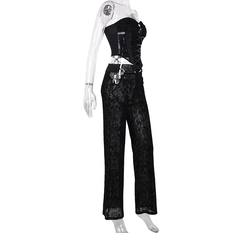 Flocking Lace Up Waist Tube Top Top Trousers Suit Spring Two Piece Suit