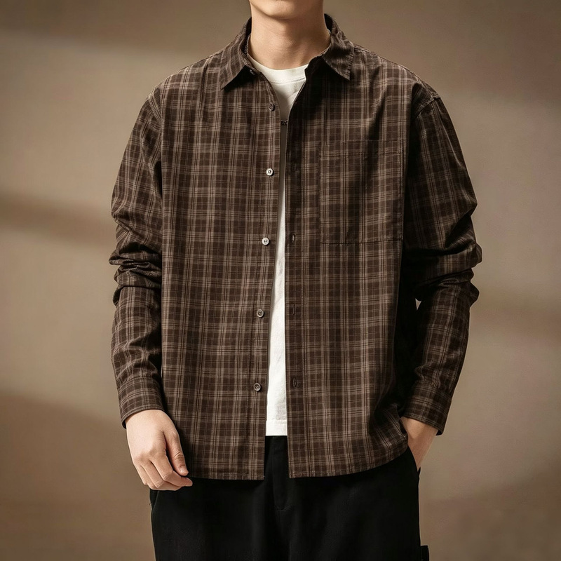 High-end American retro plaid pure cotton men's shirt, new spring and autumn style, simple, loose, casual, versatile shirt top
