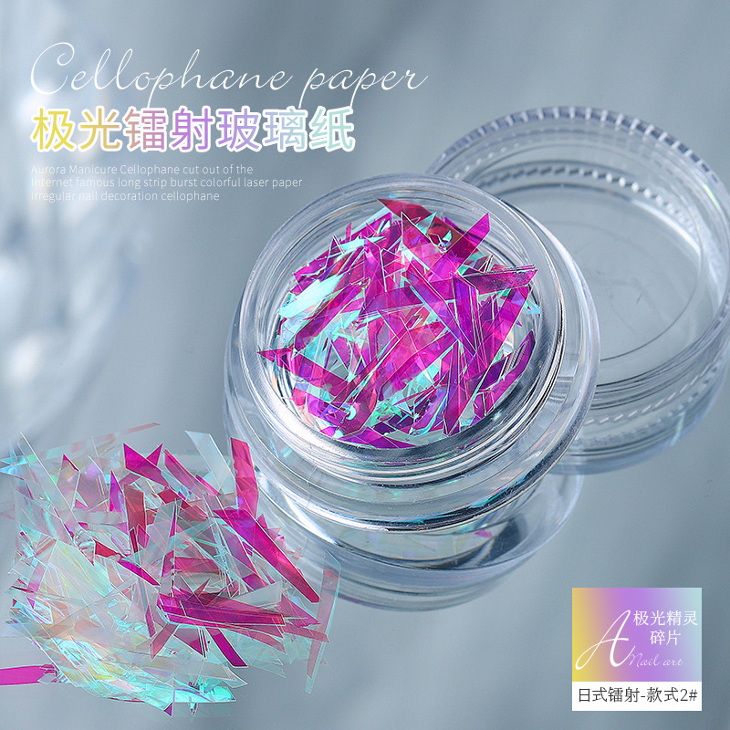 Aurora elfo fragmentos irregulares celofán Corte libre tira flash colorido láser papel uñas pegatina al por mayor