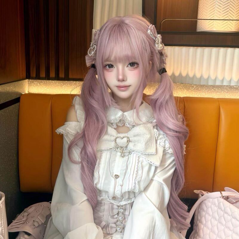 Light Pink Wig for Women, Long Curly Hair 80cm, Tied into Double Ponytails, Sweet and Cute Lolita Style, Full Head Cosplay Wig